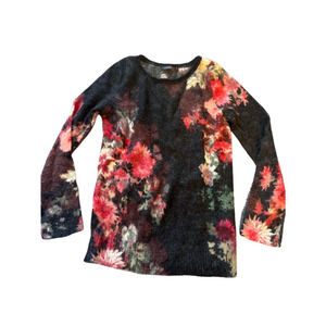Passport Womens Red Black Floral Soft Crew Neck Long Sleeves Sweater Size 38